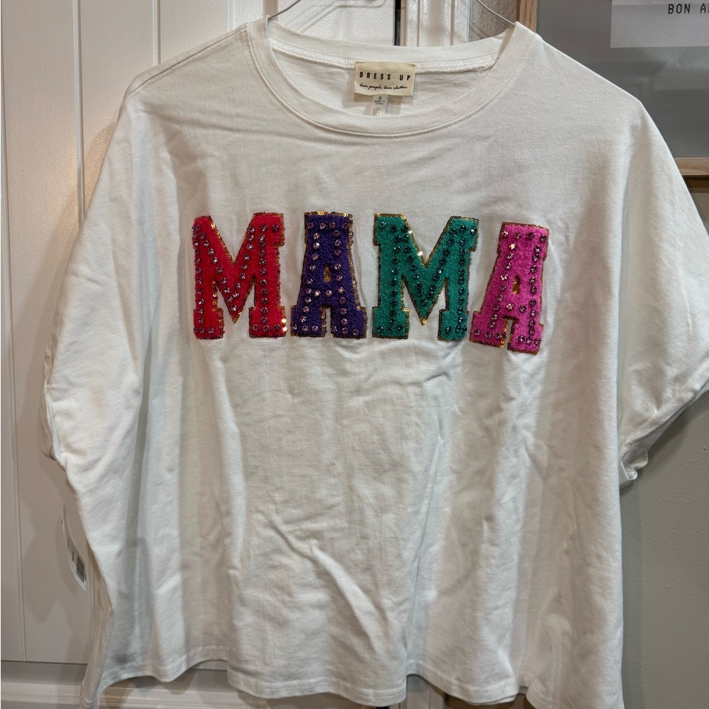 White Tee with Colorful 'MAMA' Sequins